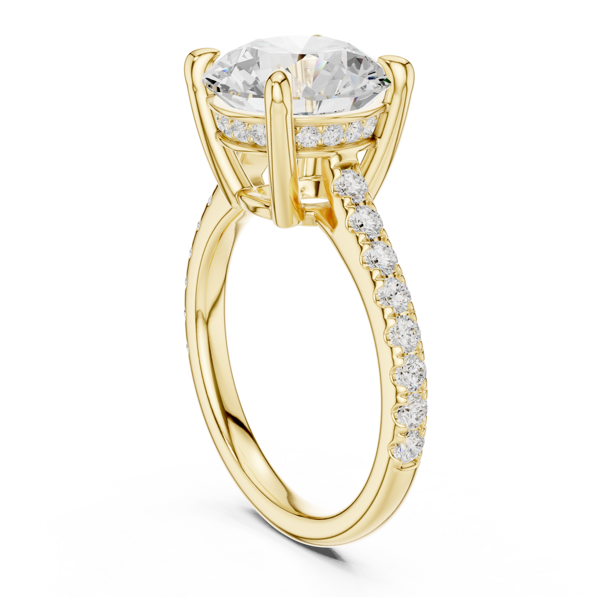 Round double-prong pave engagement ring yellow gold front view