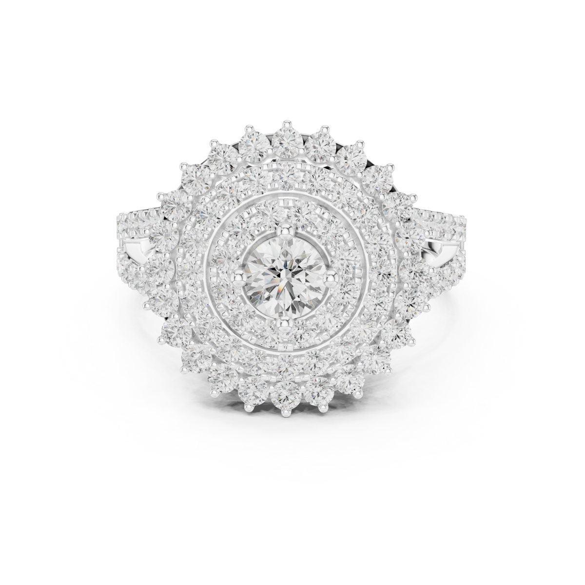 Round double halo sunburst ring white gold detail view