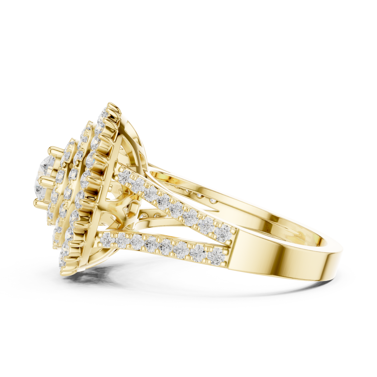 Round double halo sunburst ring yellow gold angle view