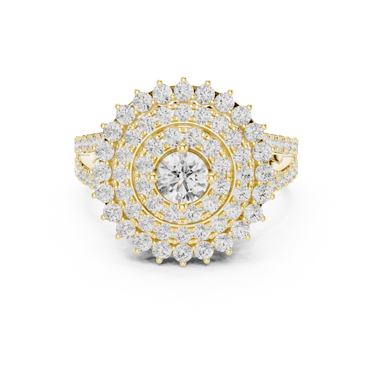 Round double halo sunburst ring yellow gold detail view