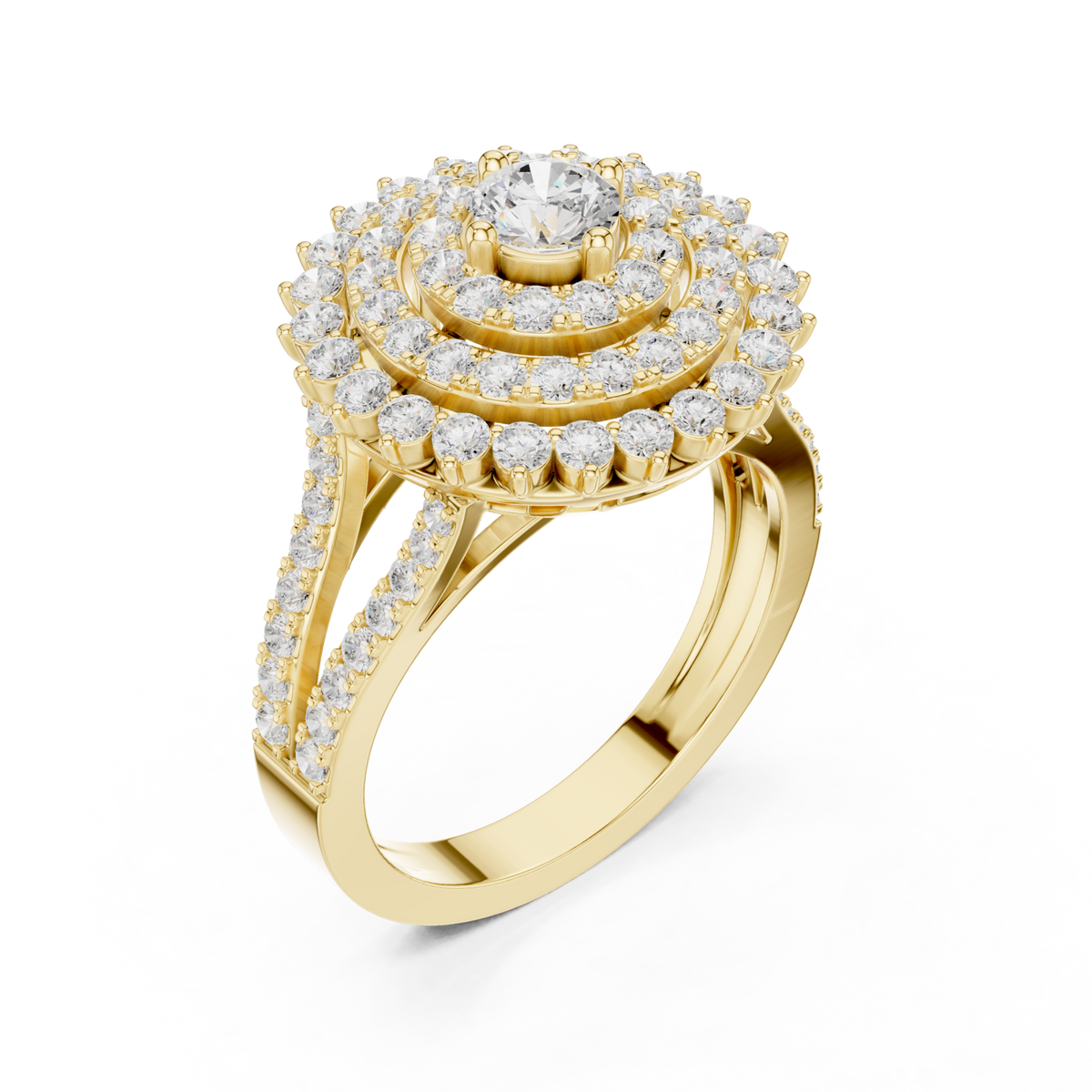Round double halo sunburst ring yellow gold front view