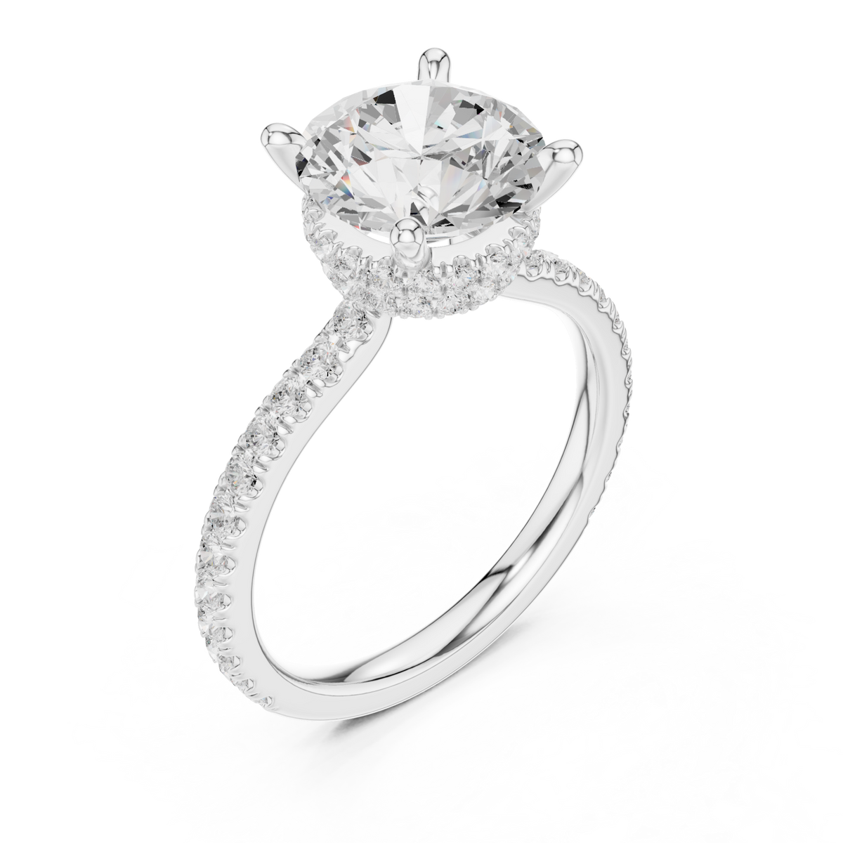 Round double hidden halo pave engagement ring white gold angle view