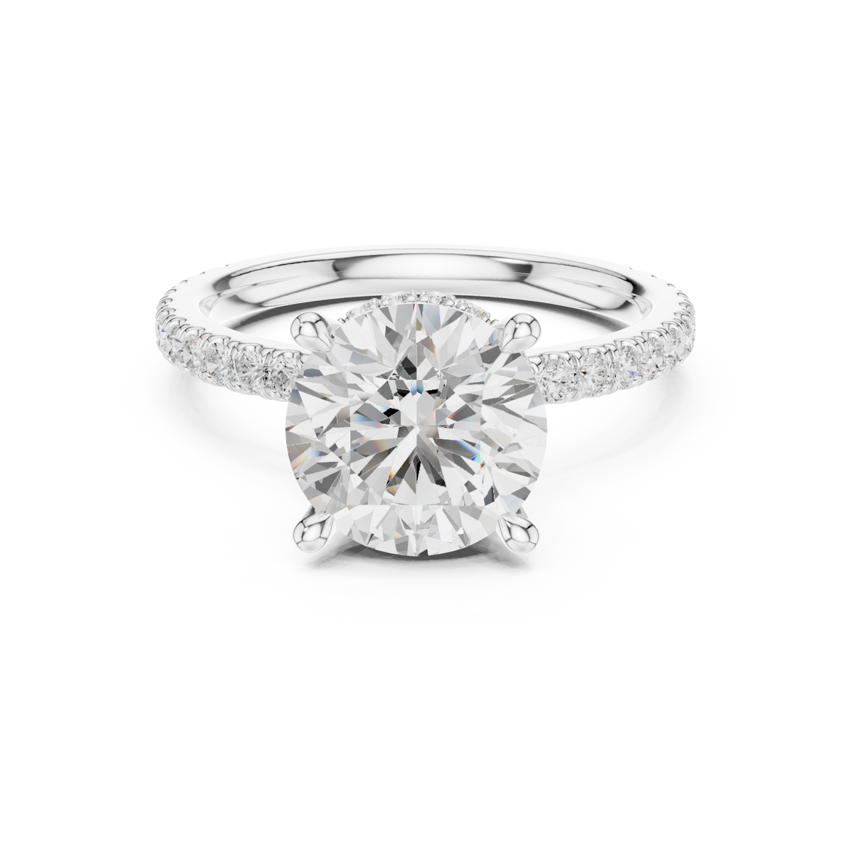 Round double hidden halo pave engagement ring white gold detail view