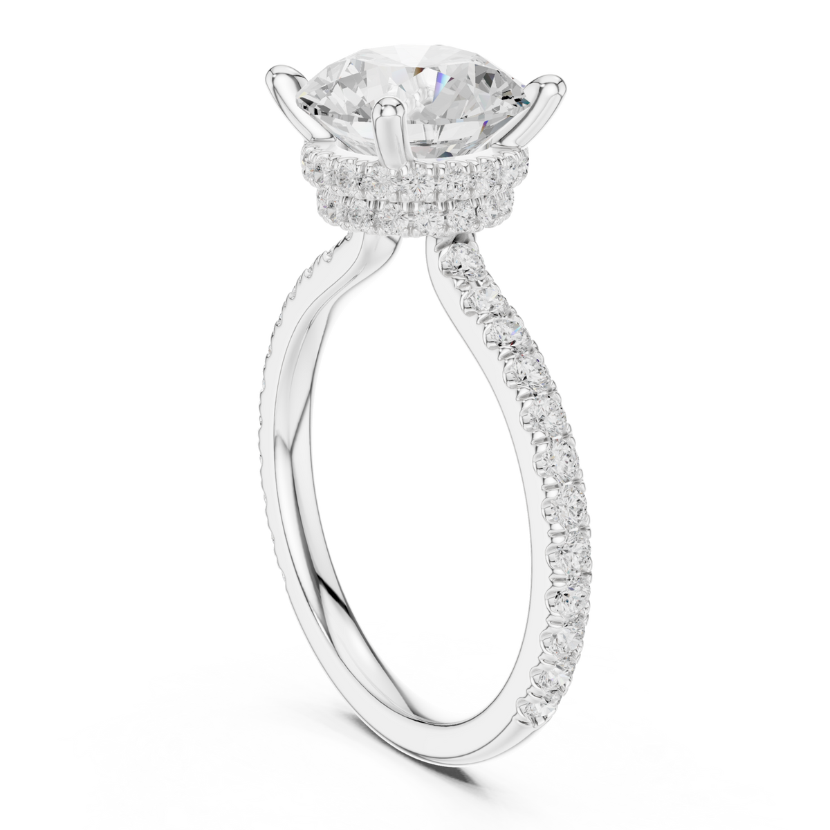 Round double hidden halo pave engagement ring white gold front view