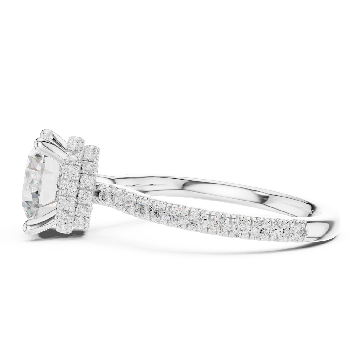 Round double hidden halo pave engagement ring white gold side view
