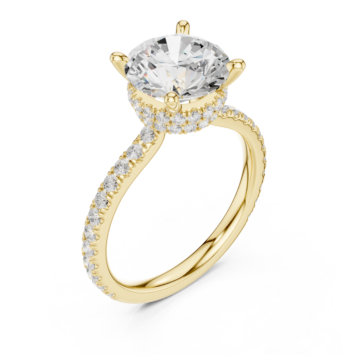 Round double hidden halo pave engagement ring yellow gold angle view