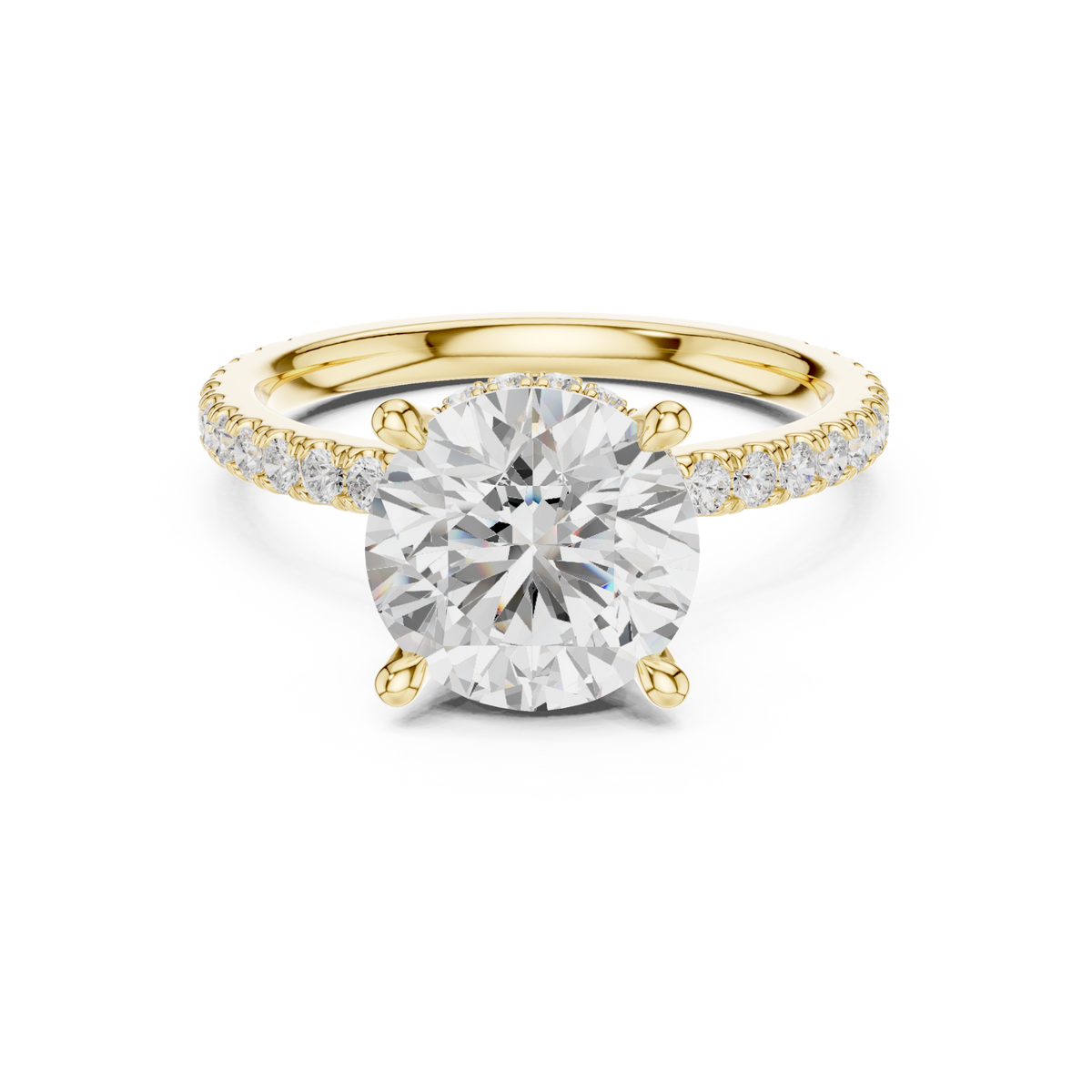 Round double hidden halo pave engagement ring yellow gold detail view