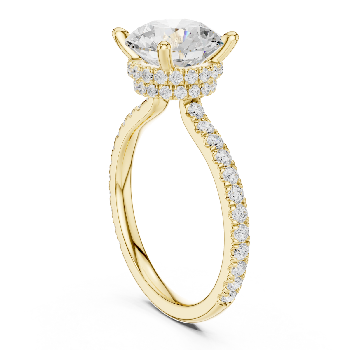 Round double hidden halo pave engagement ring yellow gold front view