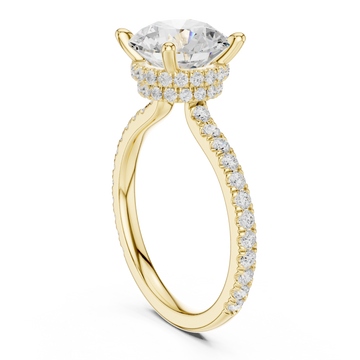 Round double hidden halo pave engagement ring yellow gold front view