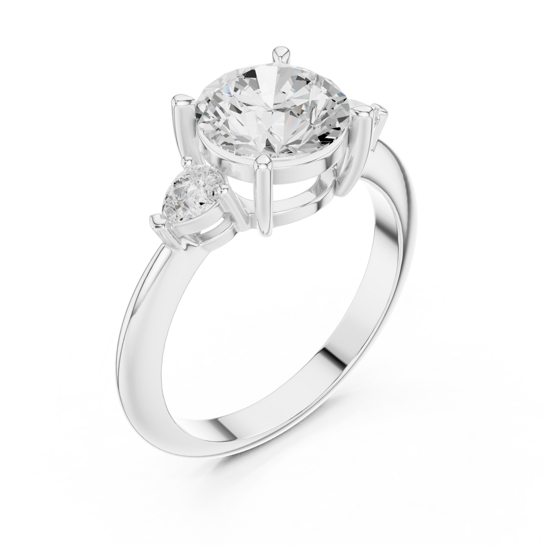 Round east-west pear three stone engagement ring white gold front view