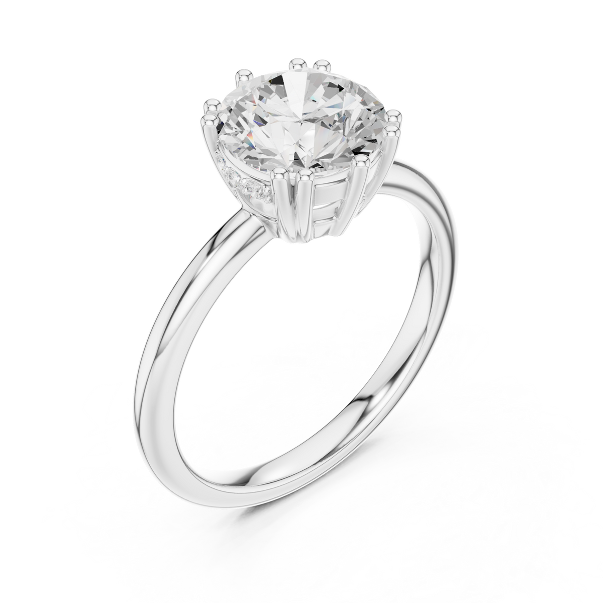 Round eight-prong crown solitaire engagement ring white gold angle view