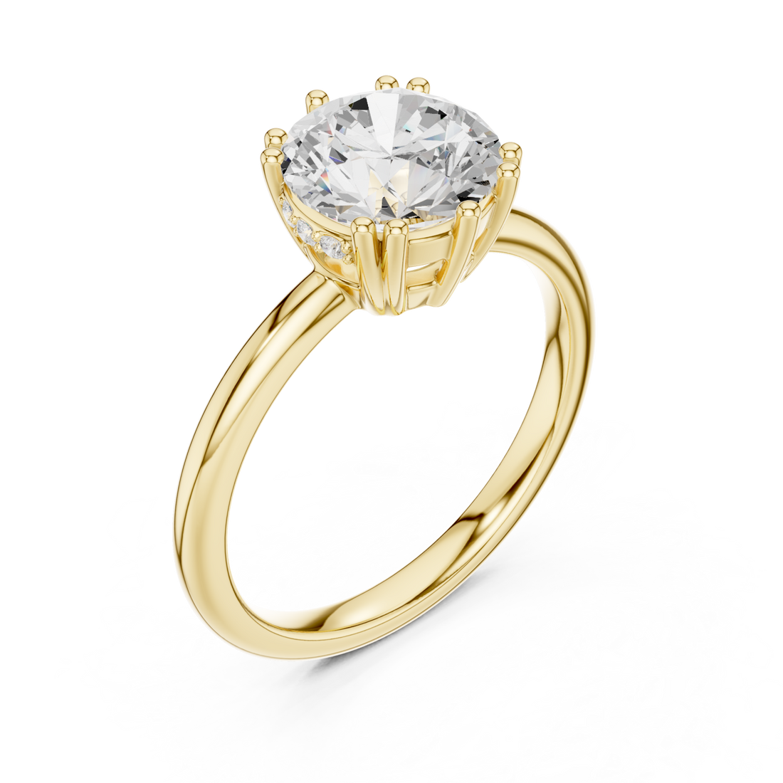 Round eight-prong crown solitaire engagement ring yellow gold front view
