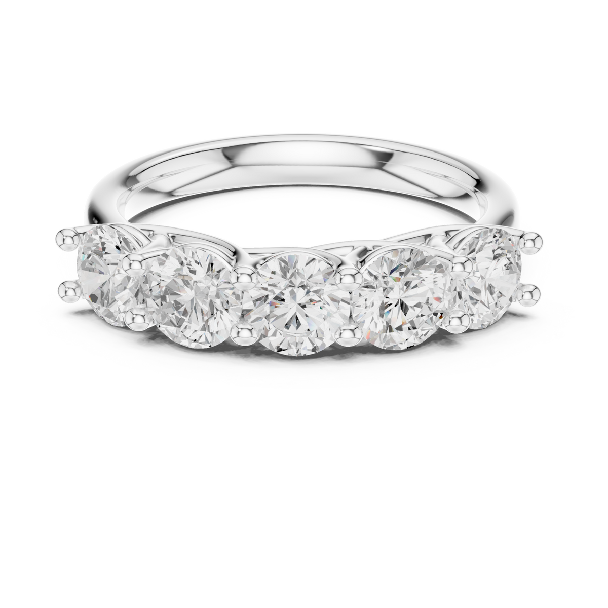 Round five-stone trellis anniversary band white gold detail view