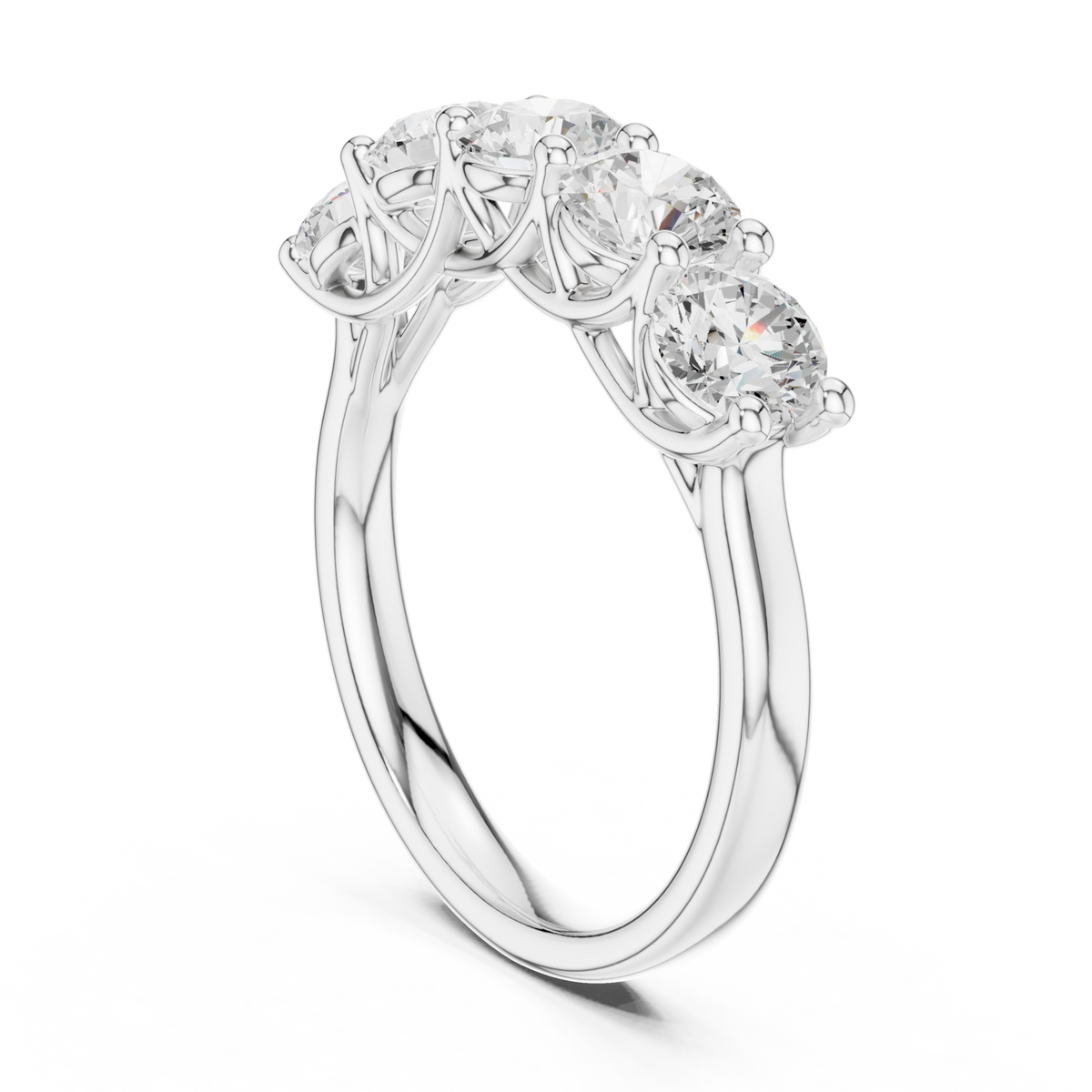Round five-stone trellis anniversary band white gold side view