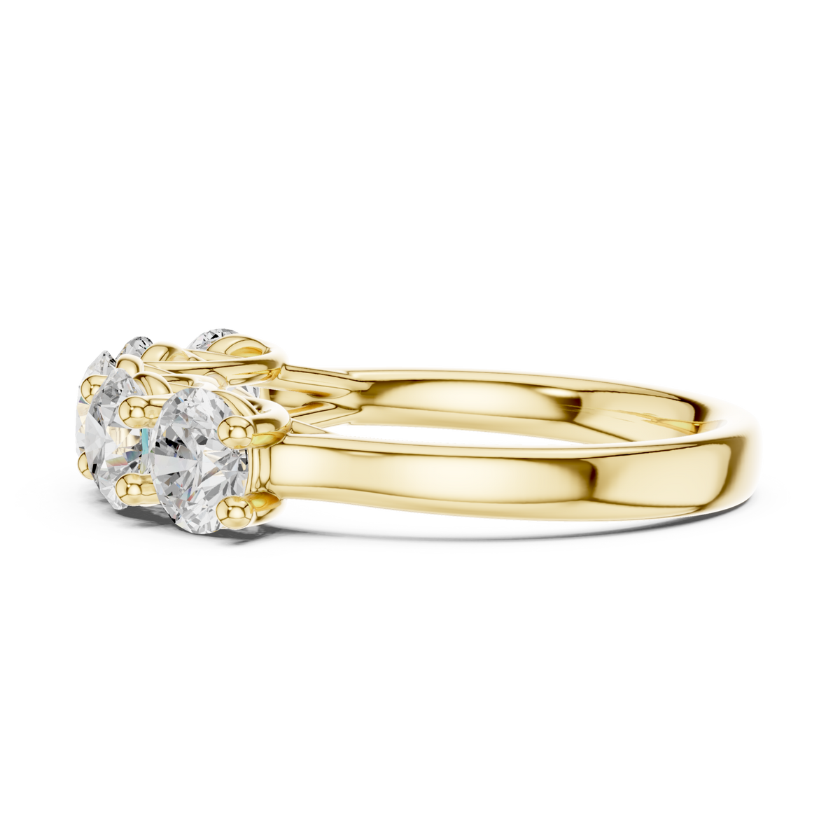 Round five-stone trellis anniversary band yellow gold angle view