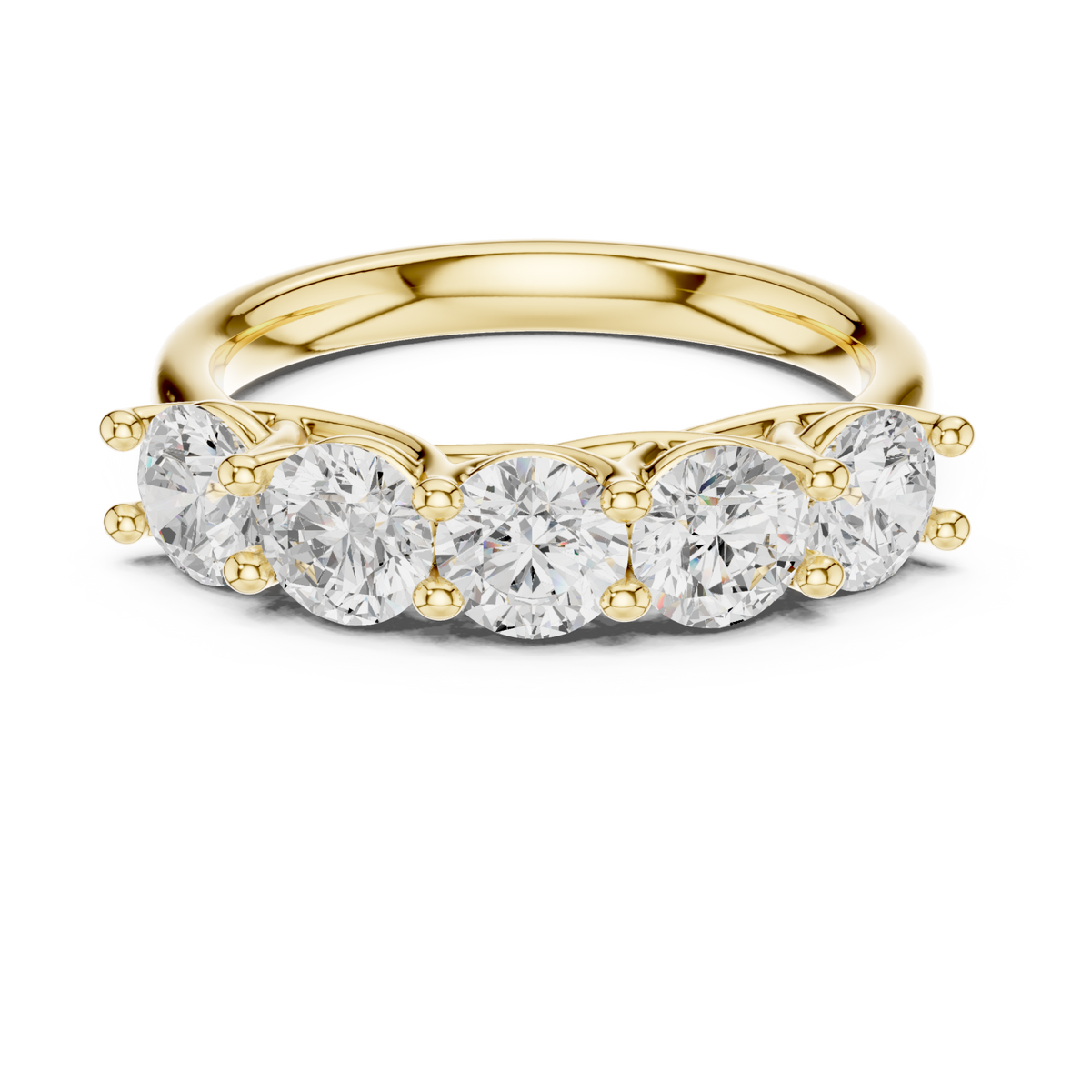 Round five-stone trellis anniversary band yellow gold detail view