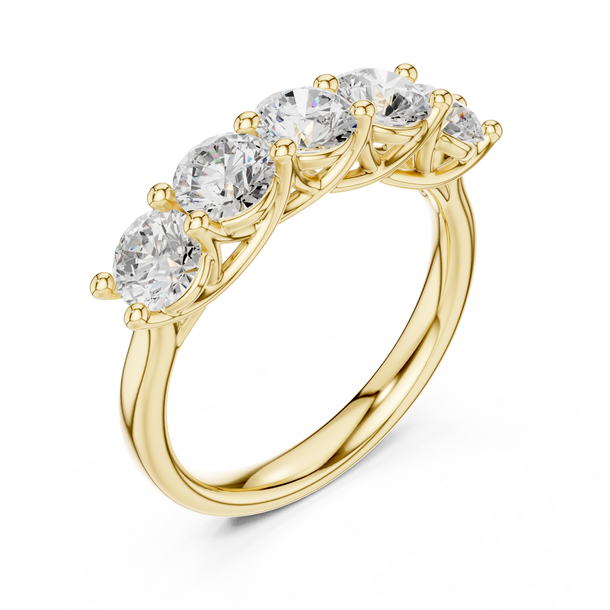 Round five-stone trellis anniversary band yellow gold front view
