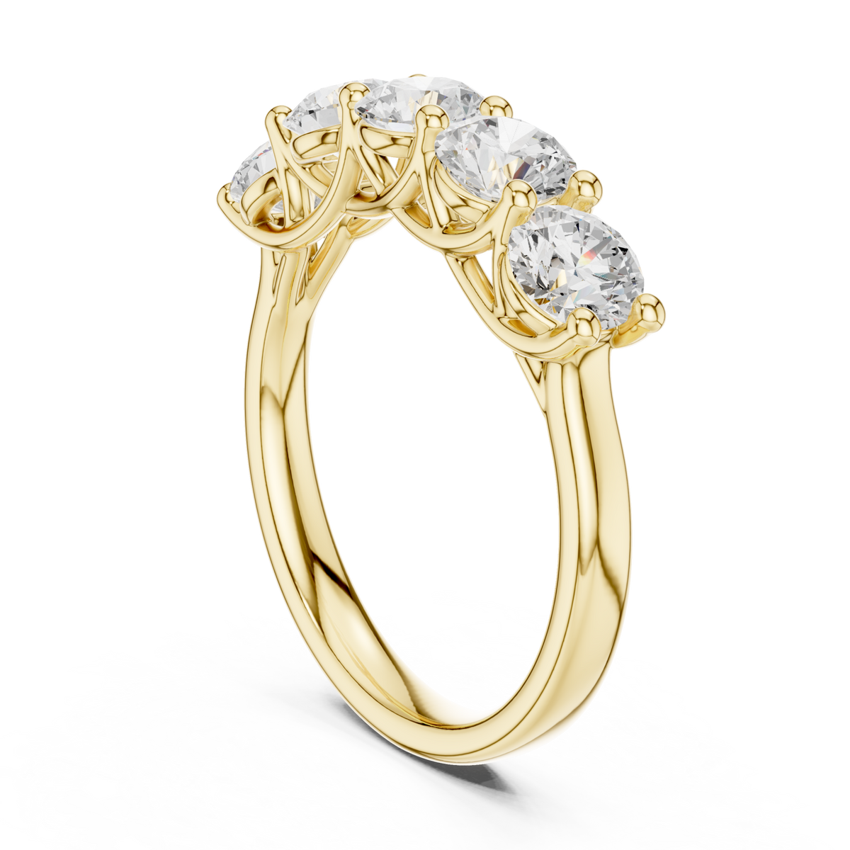 Round five-stone trellis anniversary band yellow gold side view