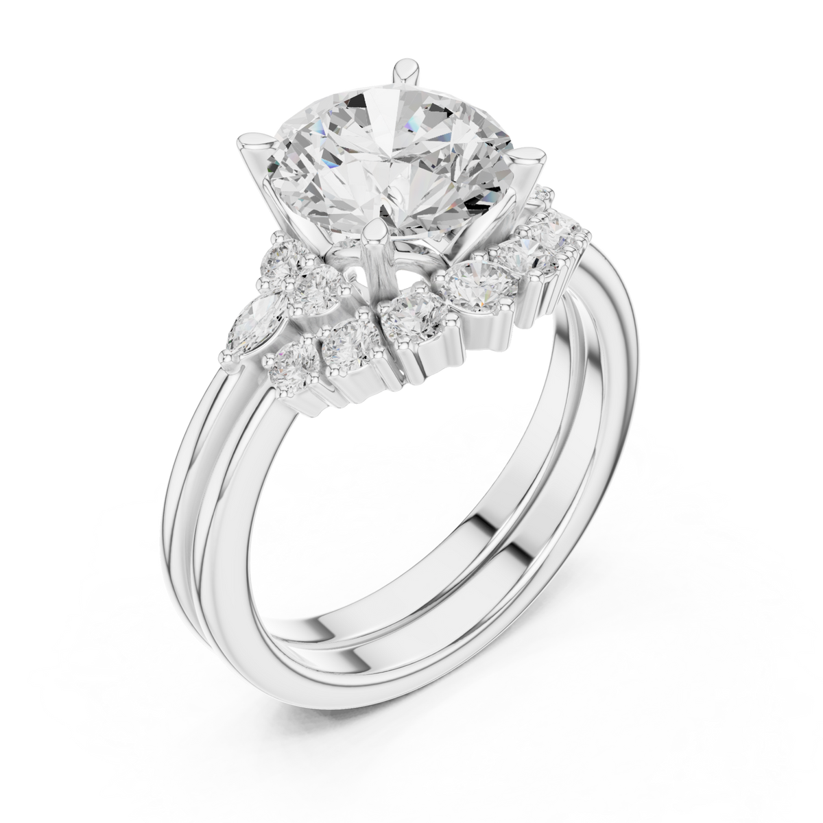 Round floral cluster bridal set white gold angle view