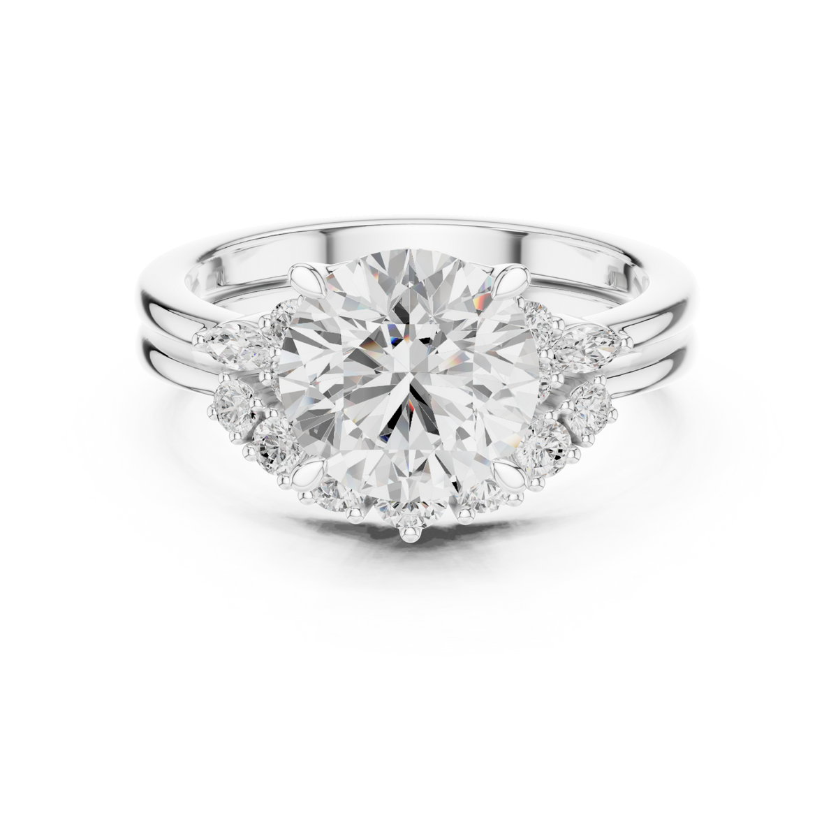 Round floral cluster bridal set white gold detail view
