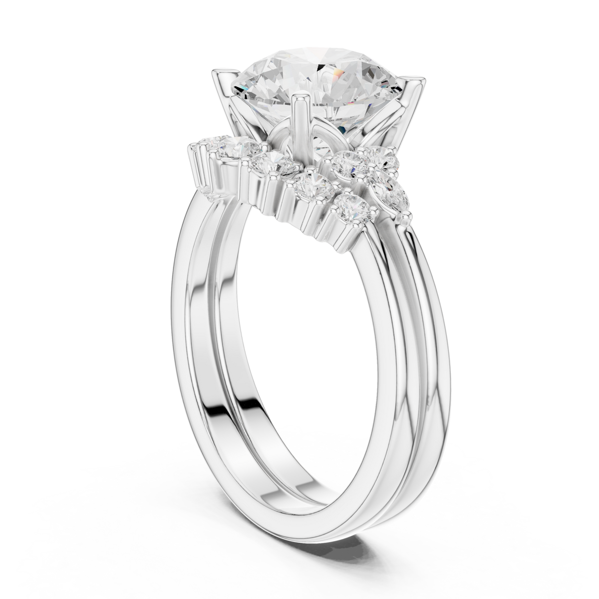 Round floral cluster bridal set white gold front view