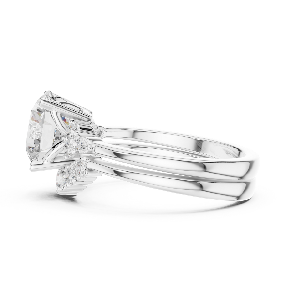 Round floral cluster bridal set white gold side view