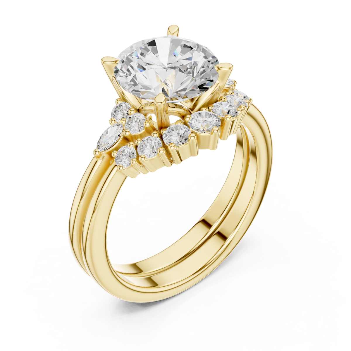 Round floral cluster bridal set yellow gold angle view