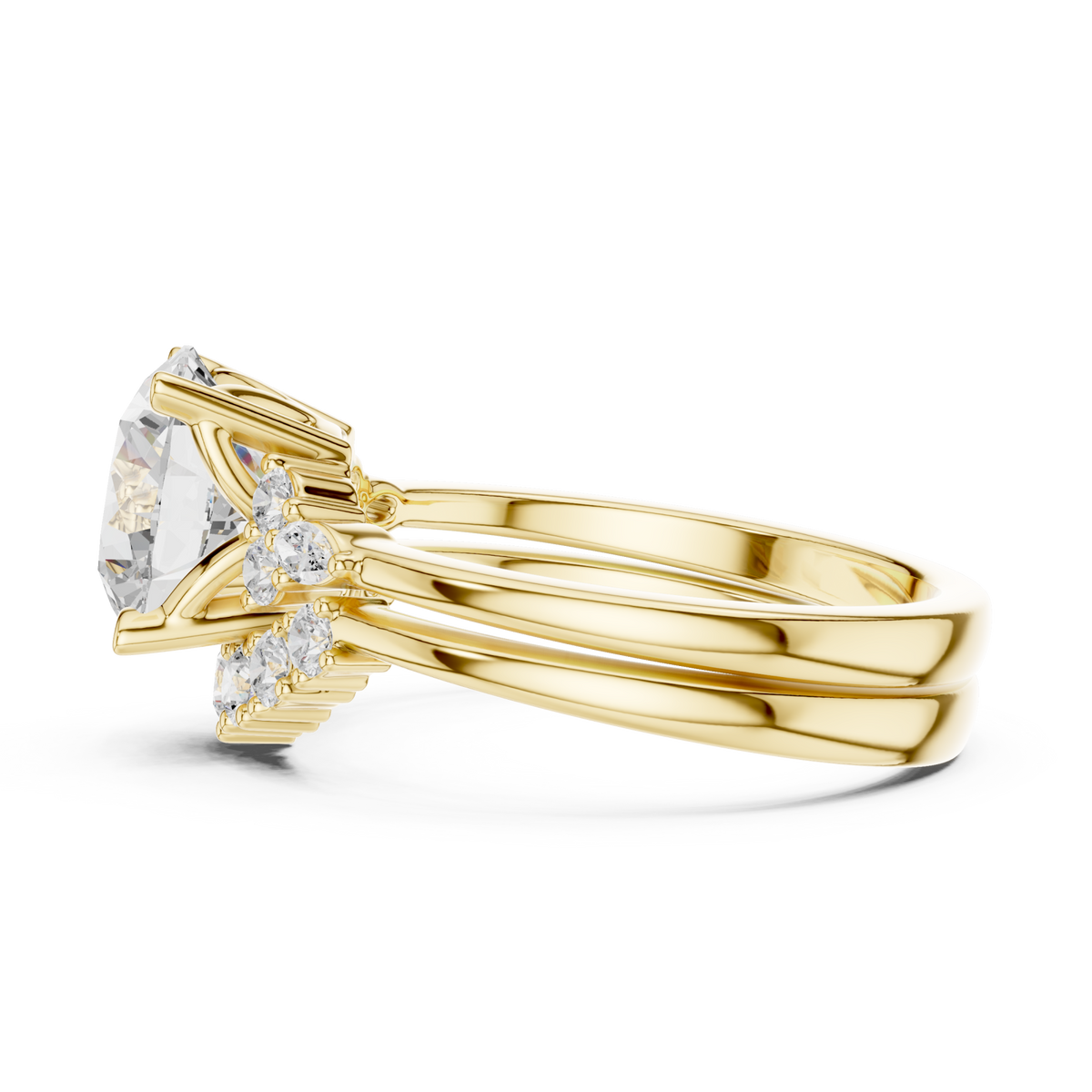 Round floral cluster bridal set yellow gold side view