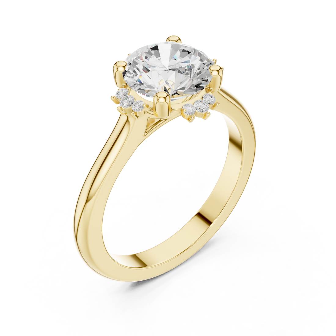 Round floral halo engagement ring yellow gold front view