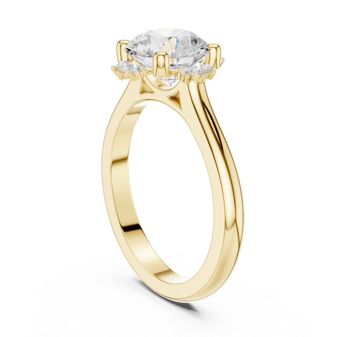 Round floral halo engagement ring yellow gold front view