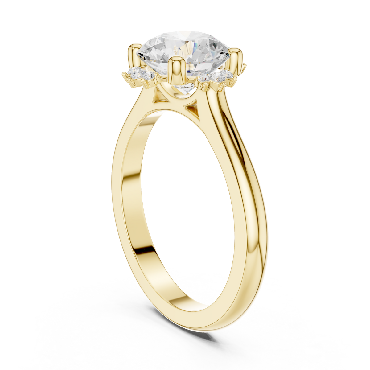Round floral halo engagement ring yellow gold front view