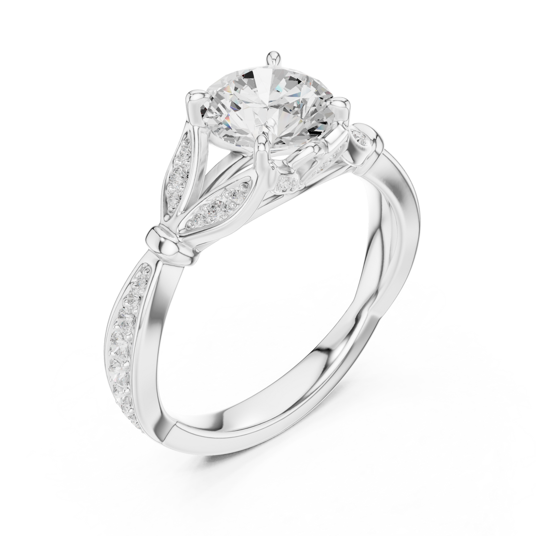 Round floral leaf pave engagement ring white gold front view
