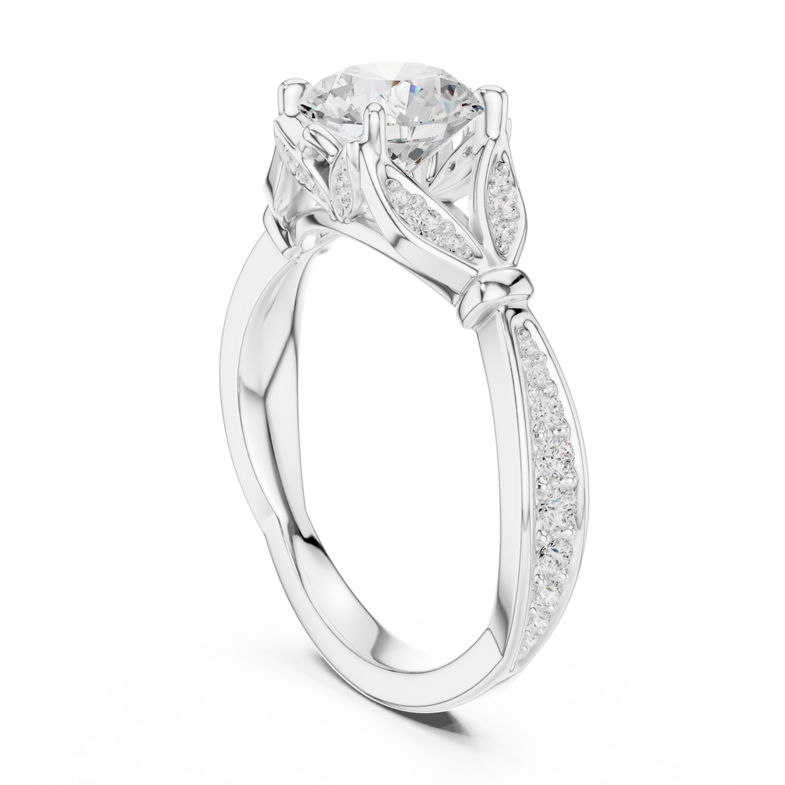 Round floral leaf pave engagement ring white gold front view