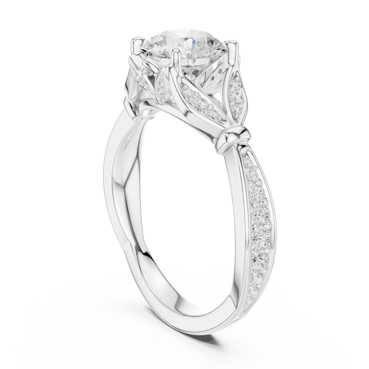 Round floral leaf pave engagement ring white gold front view