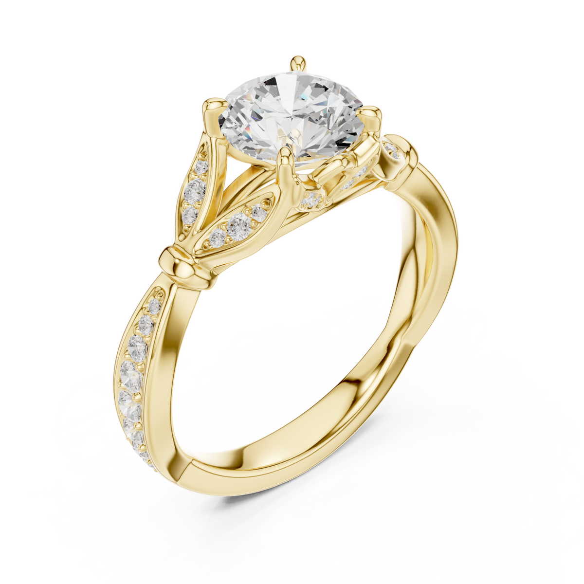 Round floral leaf pave engagement ring yellow gold angle view
