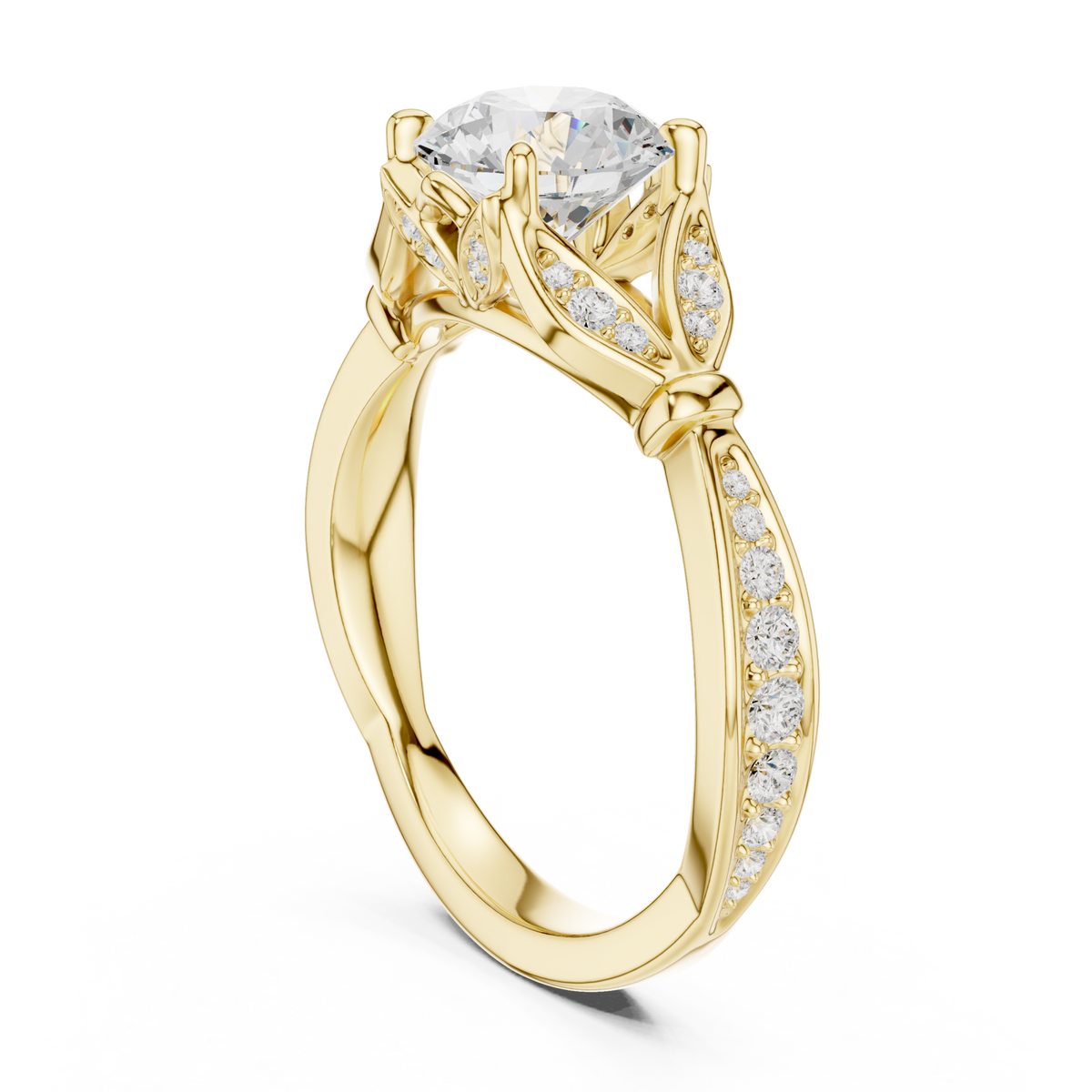 Round floral leaf pave engagement ring yellow gold front view