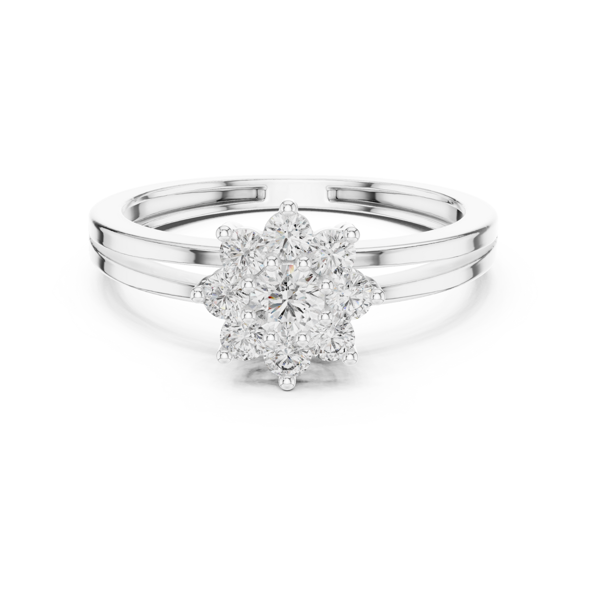 Round floret crown ring white gold detail view
