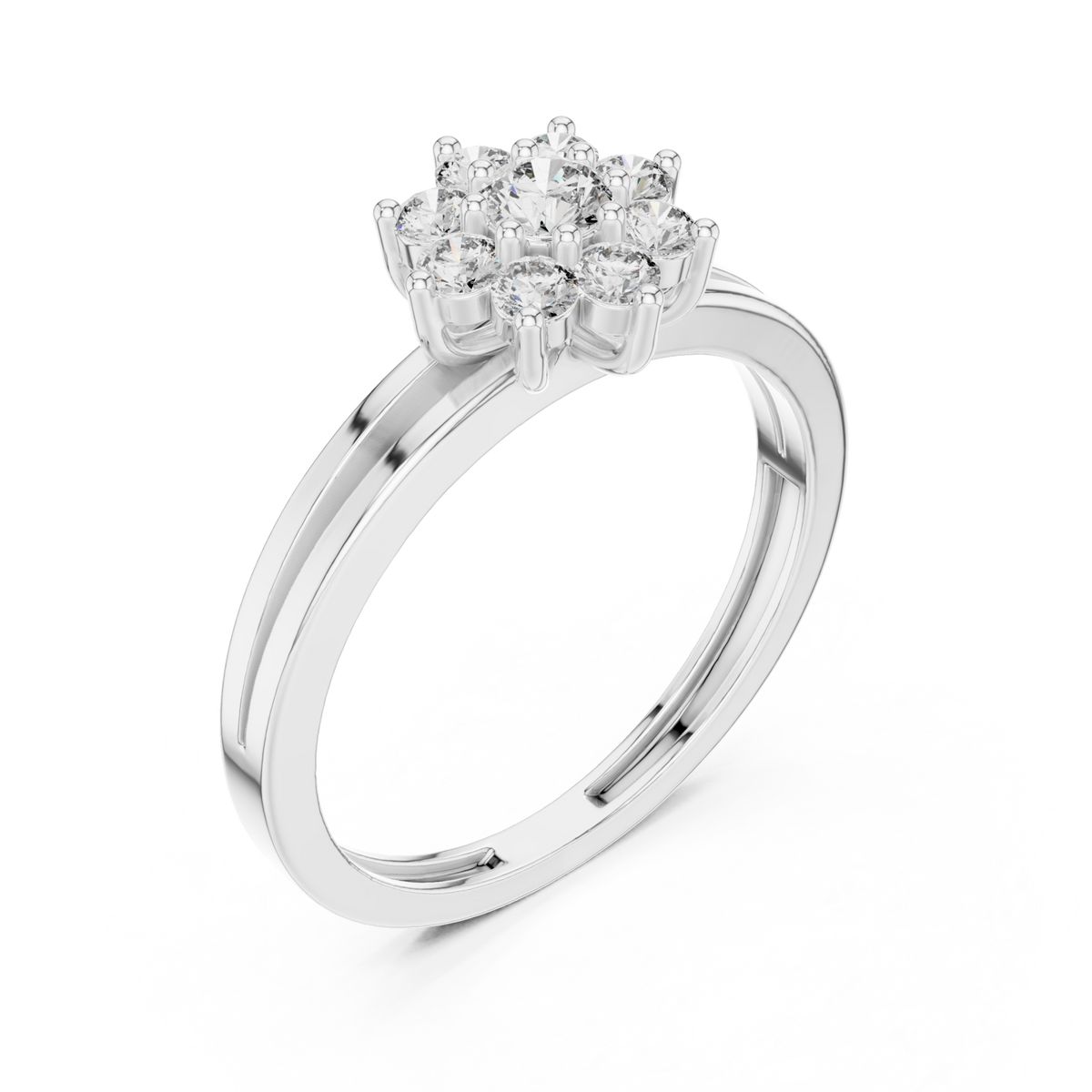 Round floret crown ring white gold front view