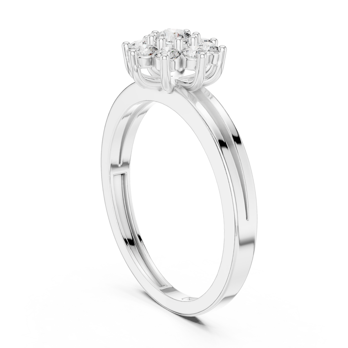 Round floret crown ring white gold side view