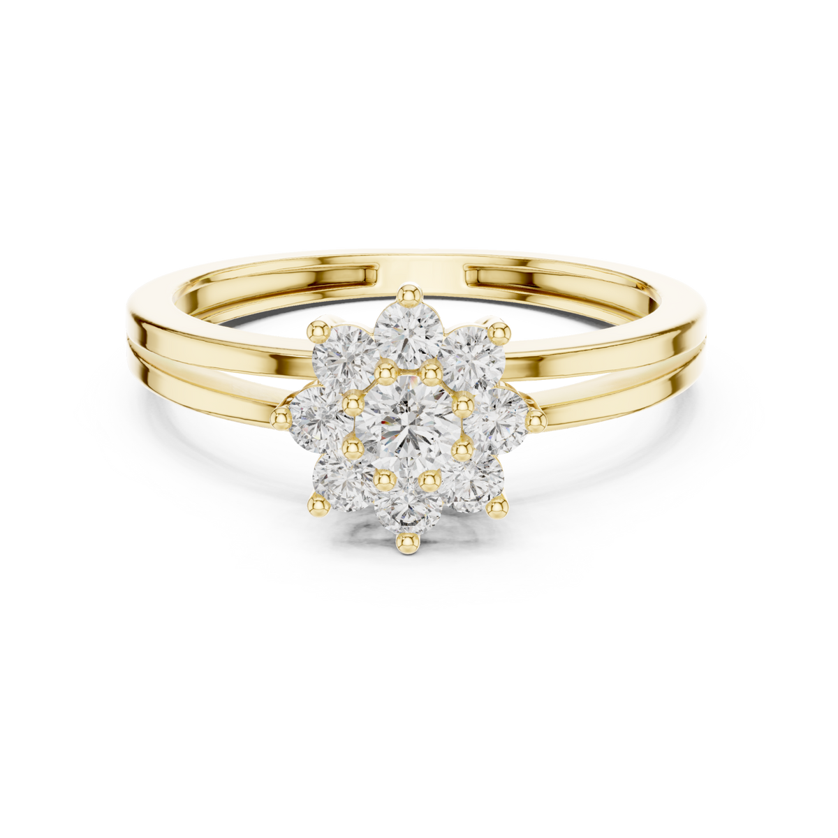 Round floret crown ring yellow gold detail view