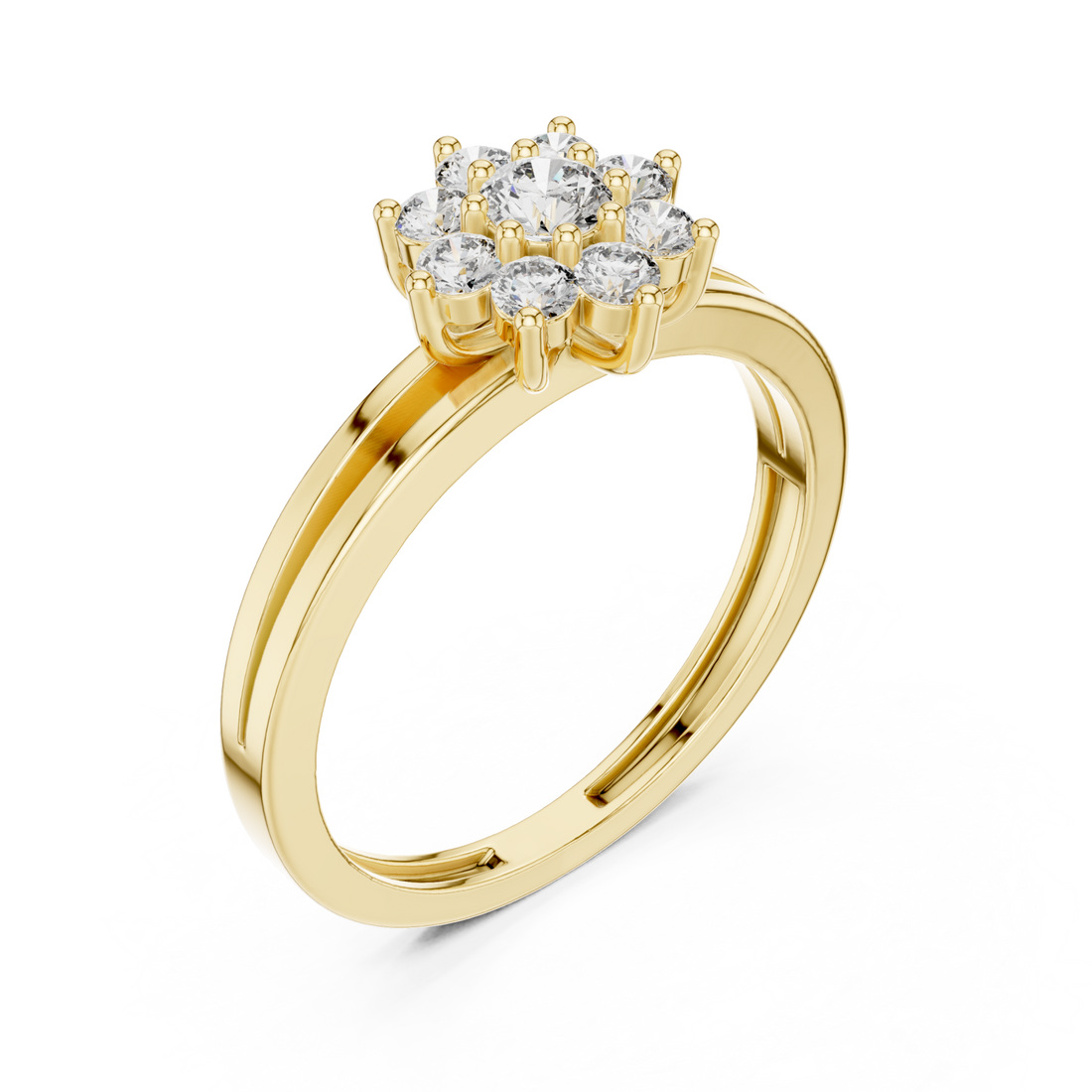 Round floret crown ring yellow gold front view