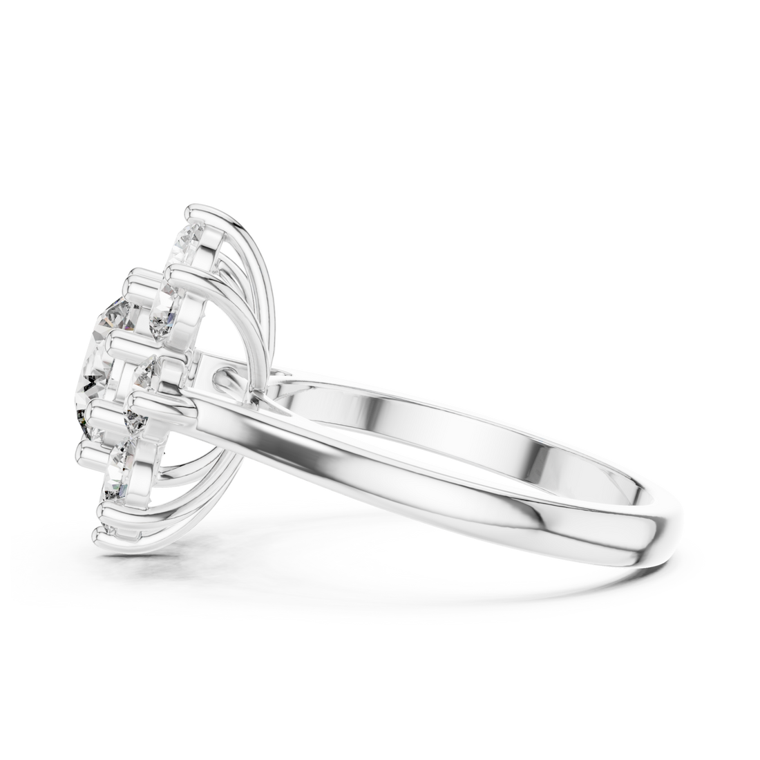 Round floret halo cocktail ring white gold front view