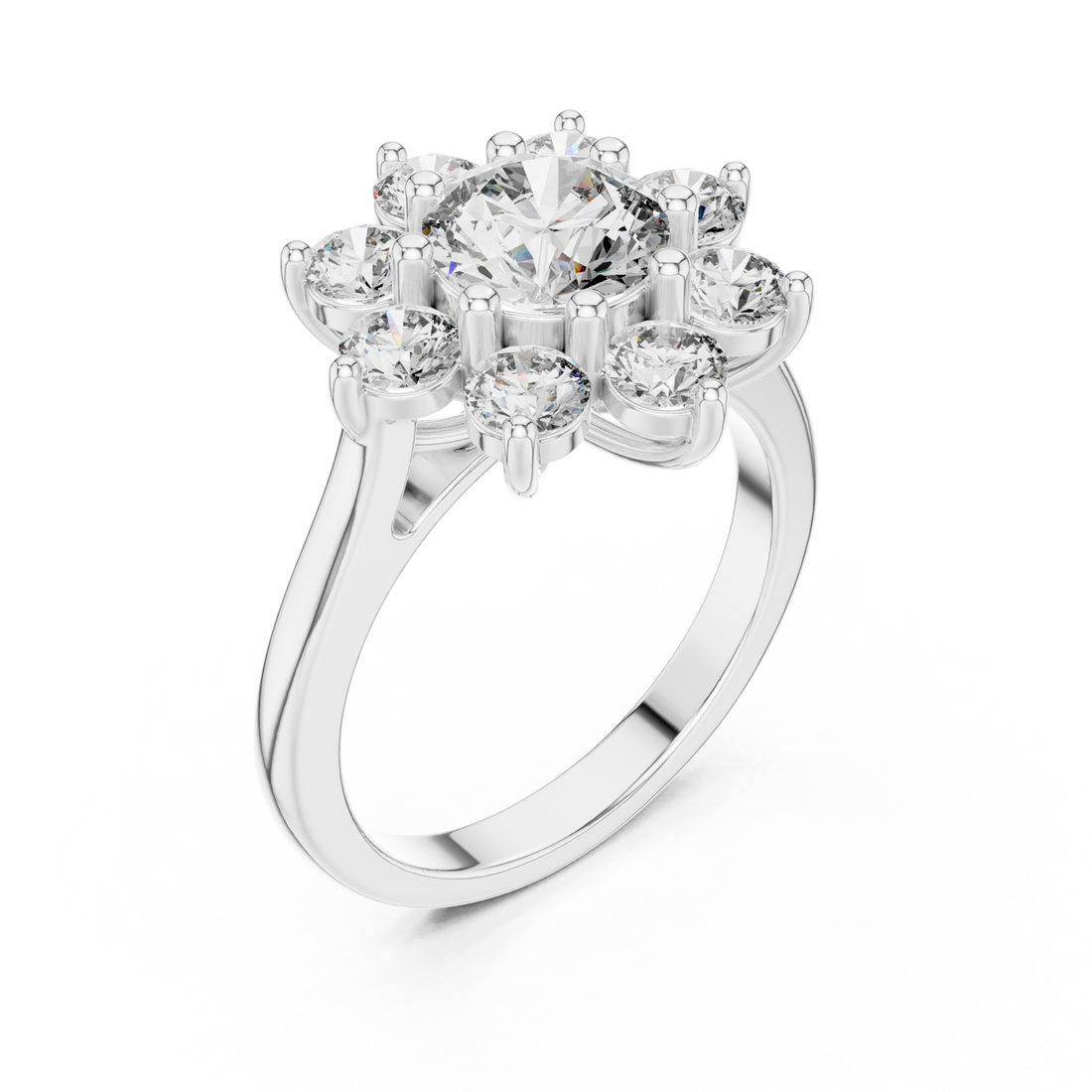 Round floret halo cocktail ring white gold front view