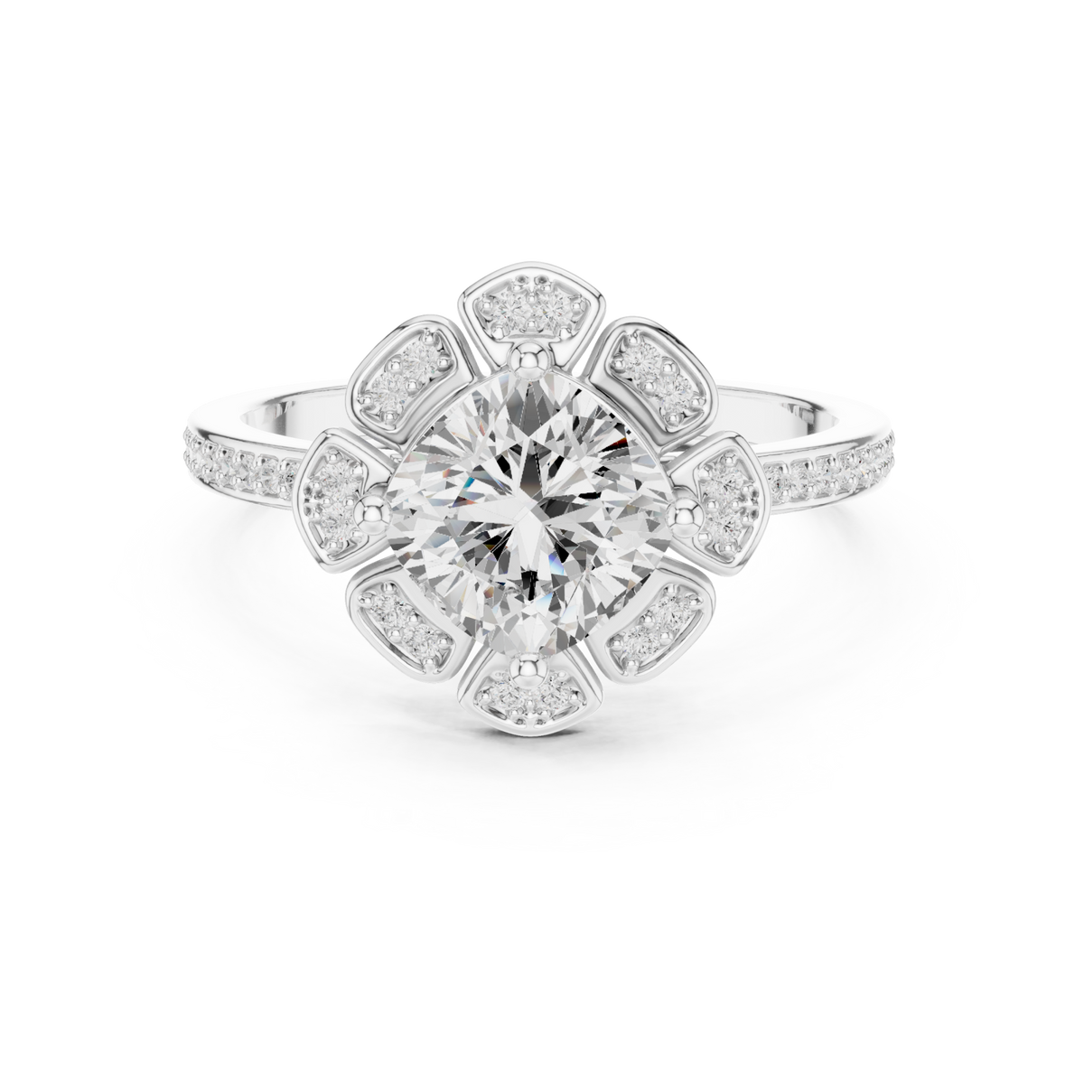 Round flower petal halo ring white gold detail view