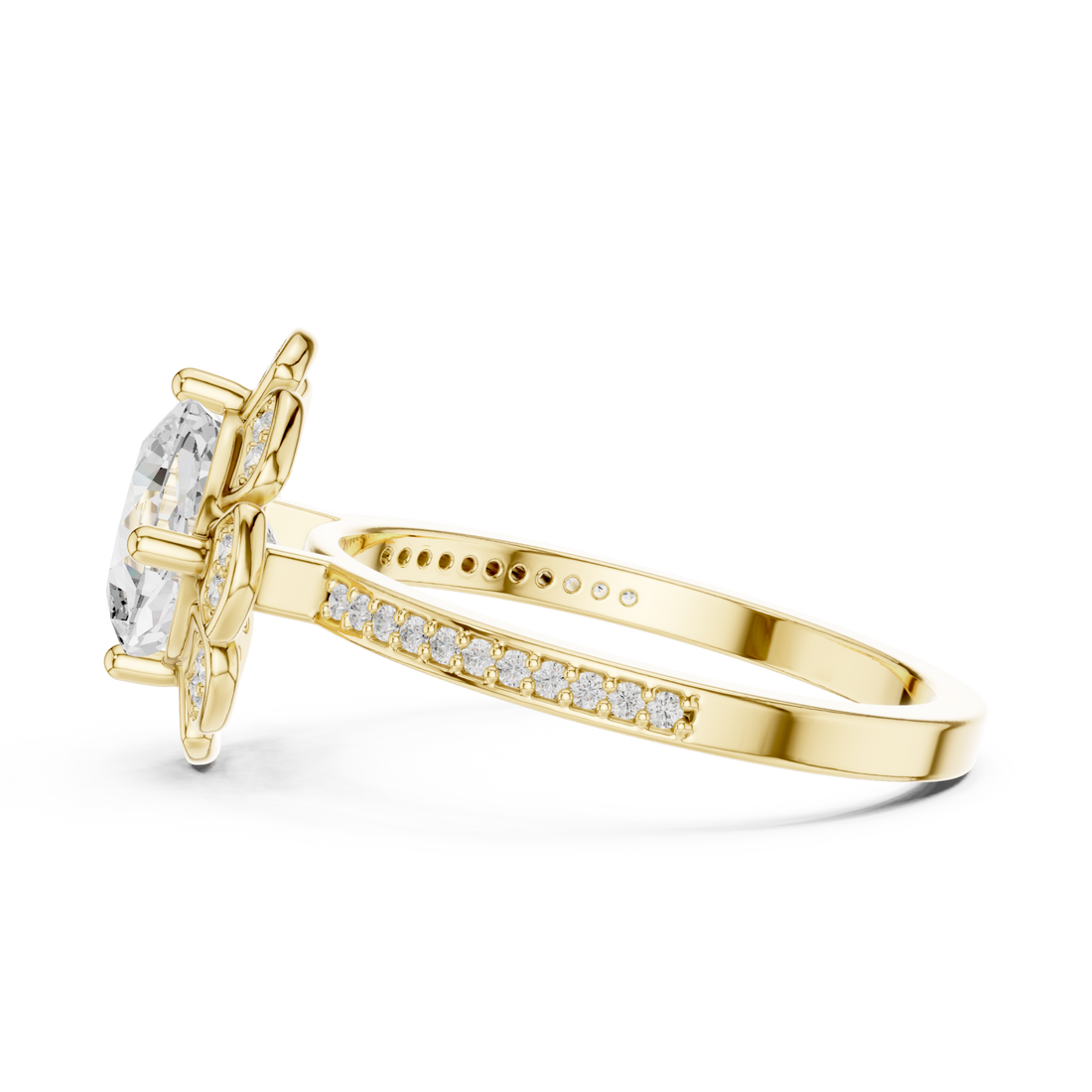 Round flower petal halo ring yellow gold front view