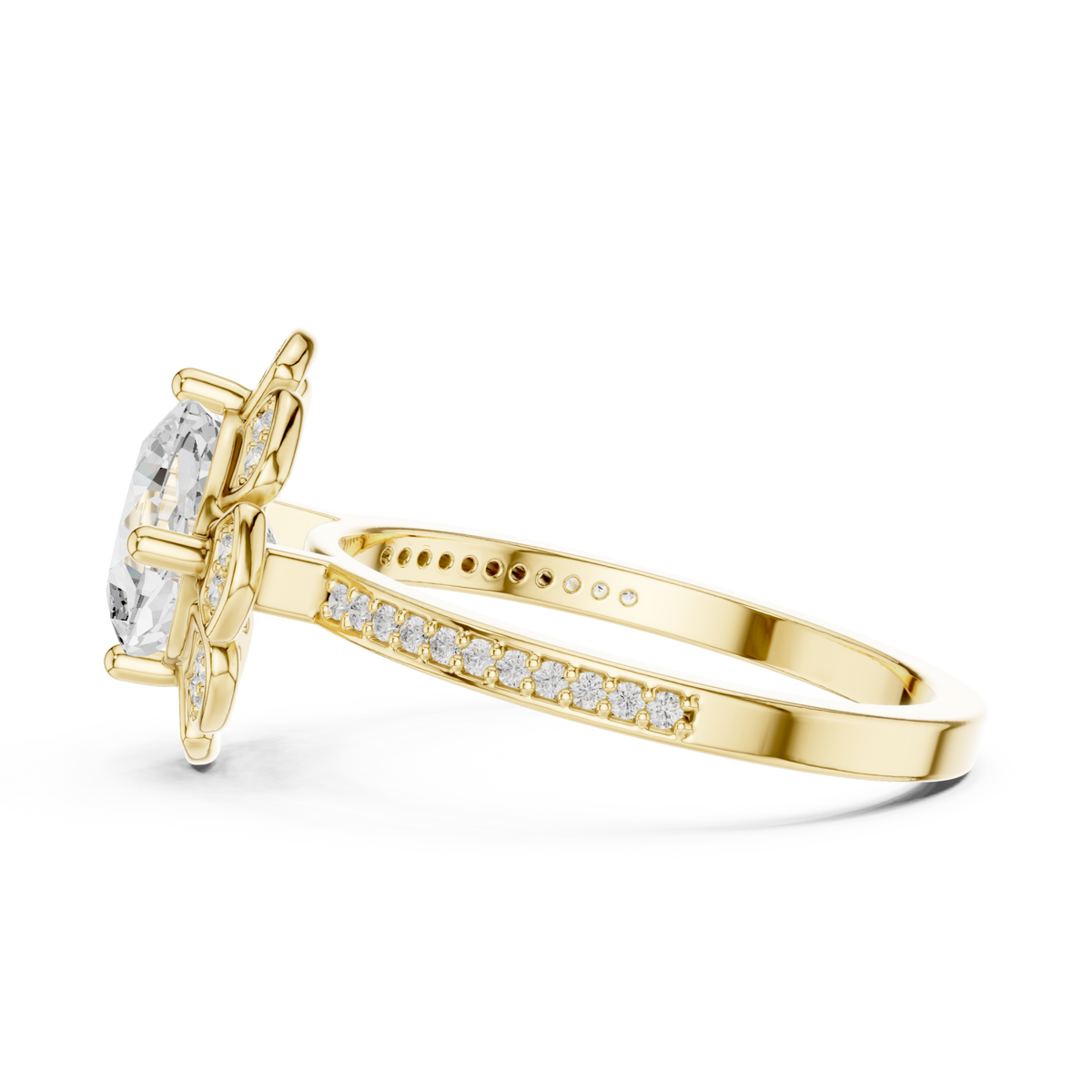 Round flower petal halo ring yellow gold angle view
