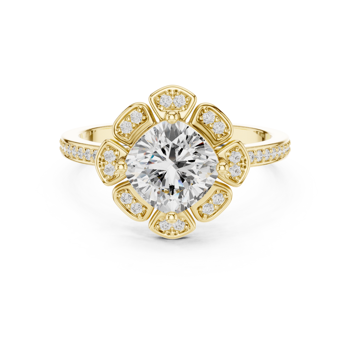 Round flower petal halo ring yellow gold detail view