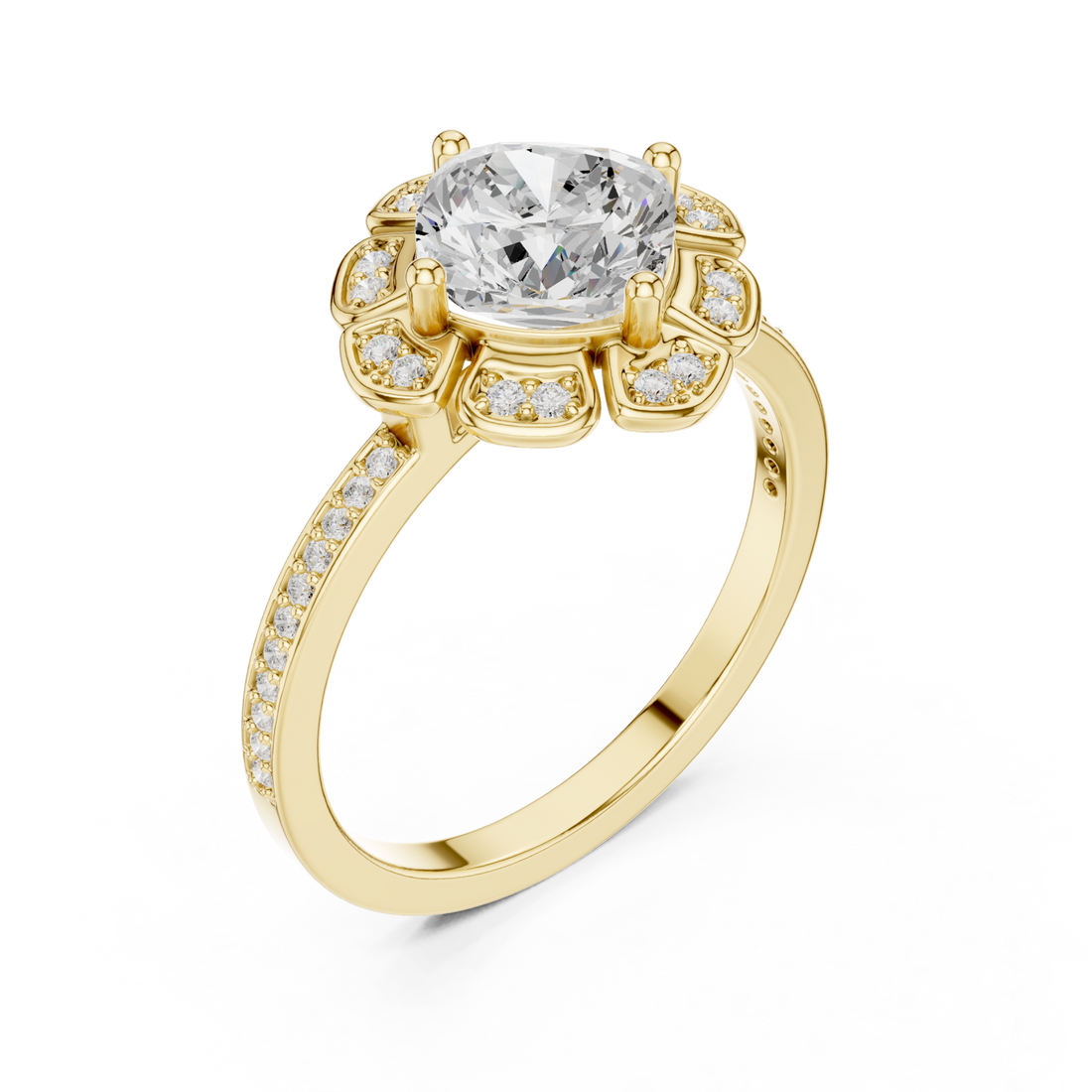 Round flower petal halo ring yellow gold front view