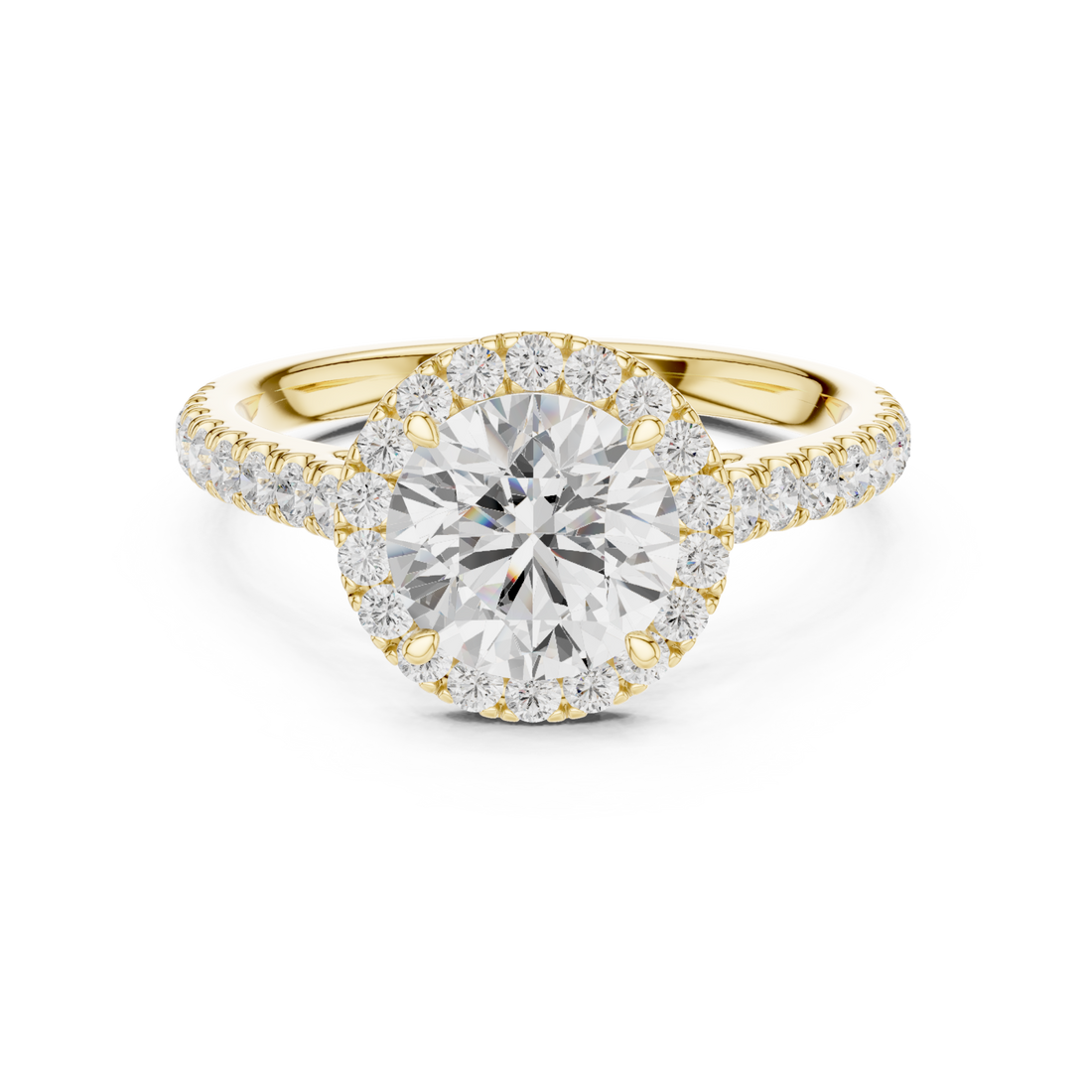 Round french pave halo engagement ring yellow gold side view