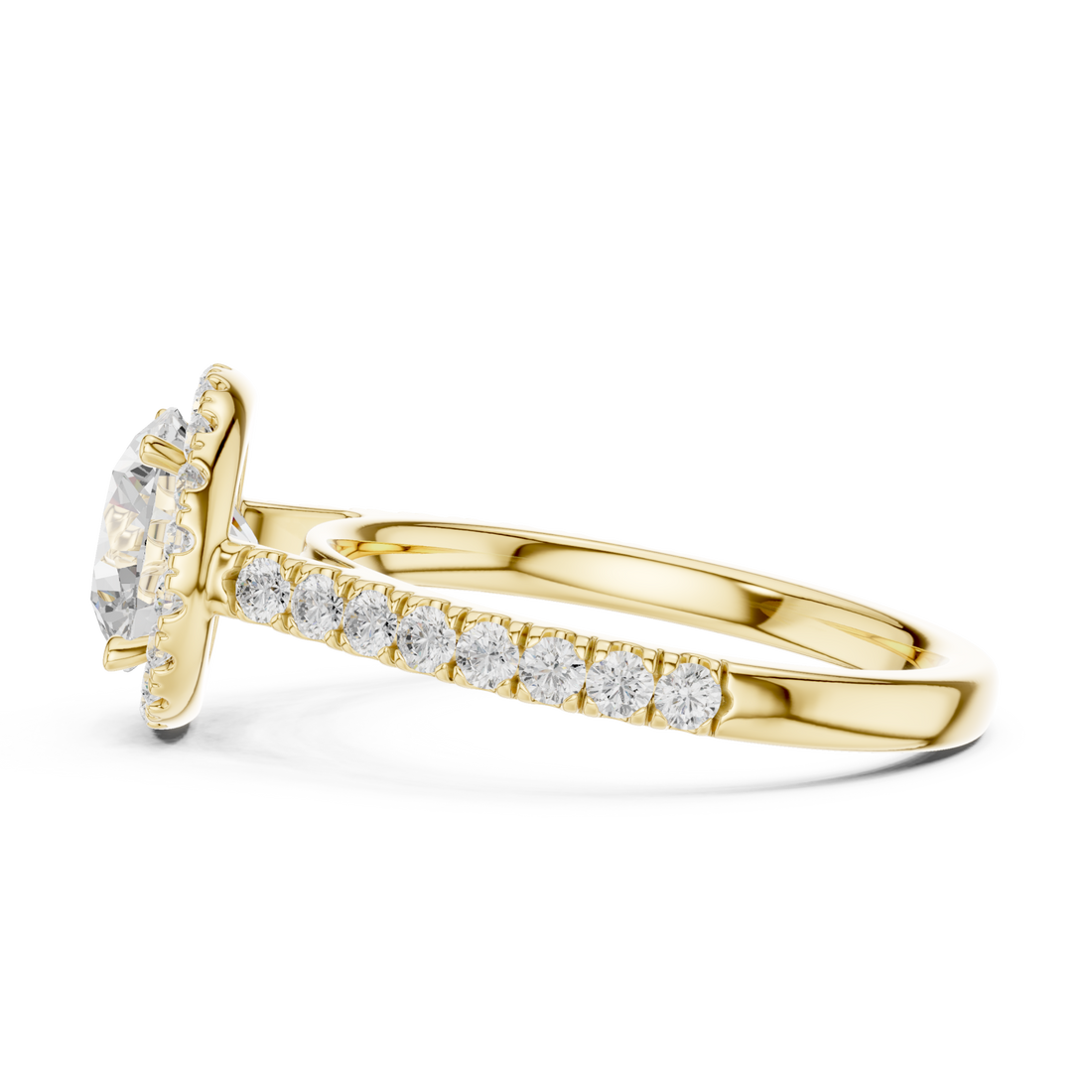 Round french pave halo engagement ring yellow gold side view